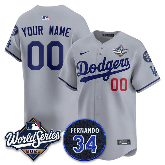 Men's Grey Los Angeles Dodgers Active Player Custom 2025 World Series With No.34 Patch Limited Stitched Baseball Jersey